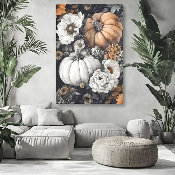 Tablou Canvas Premium, LuxCanva® N1186, Magia Toamnei, Recolta, Flori, Rustic, Dovleci, Aranjament, Sarbatoare, Halloween, Pub, Bar, Lounge, Restaurant, Bucatarie