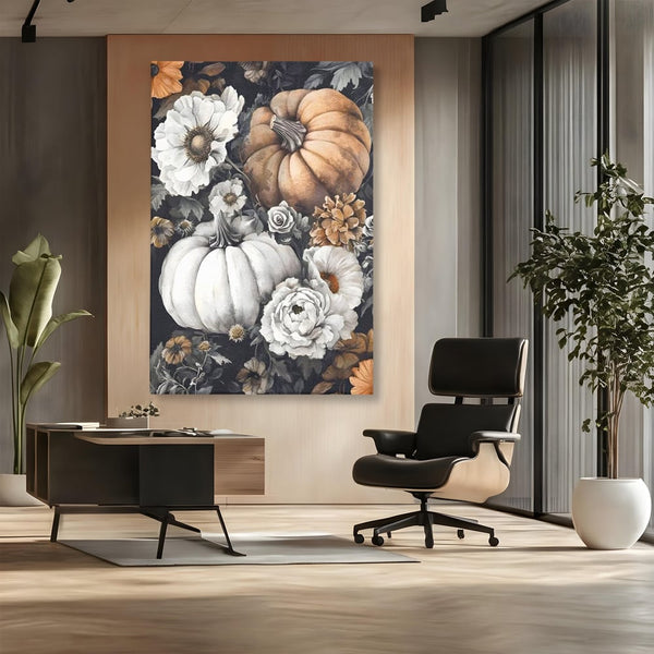 Tablou Canvas Premium, LuxCanva® N1186, Magia Toamnei, Recolta, Flori, Rustic, Dovleci, Aranjament, Sarbatoare, Halloween, Pub, Bar, Lounge, Restaurant, Bucatarie