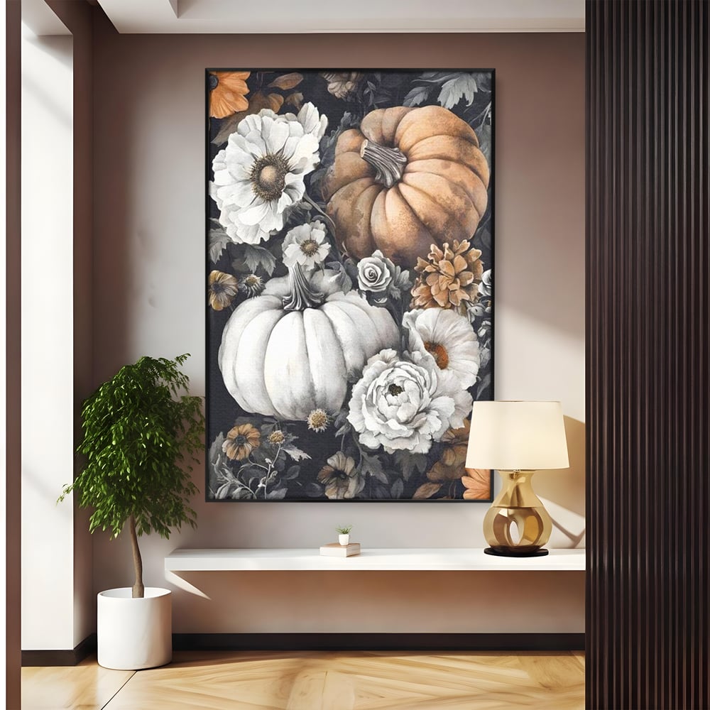 Tablou Canvas Premium, LuxCanva® N1186, Magia Toamnei, Recolta, Flori, Rustic, Dovleci, Aranjament, Sarbatoare, Halloween, Pub, Bar, Lounge, Restaurant, Bucatarie