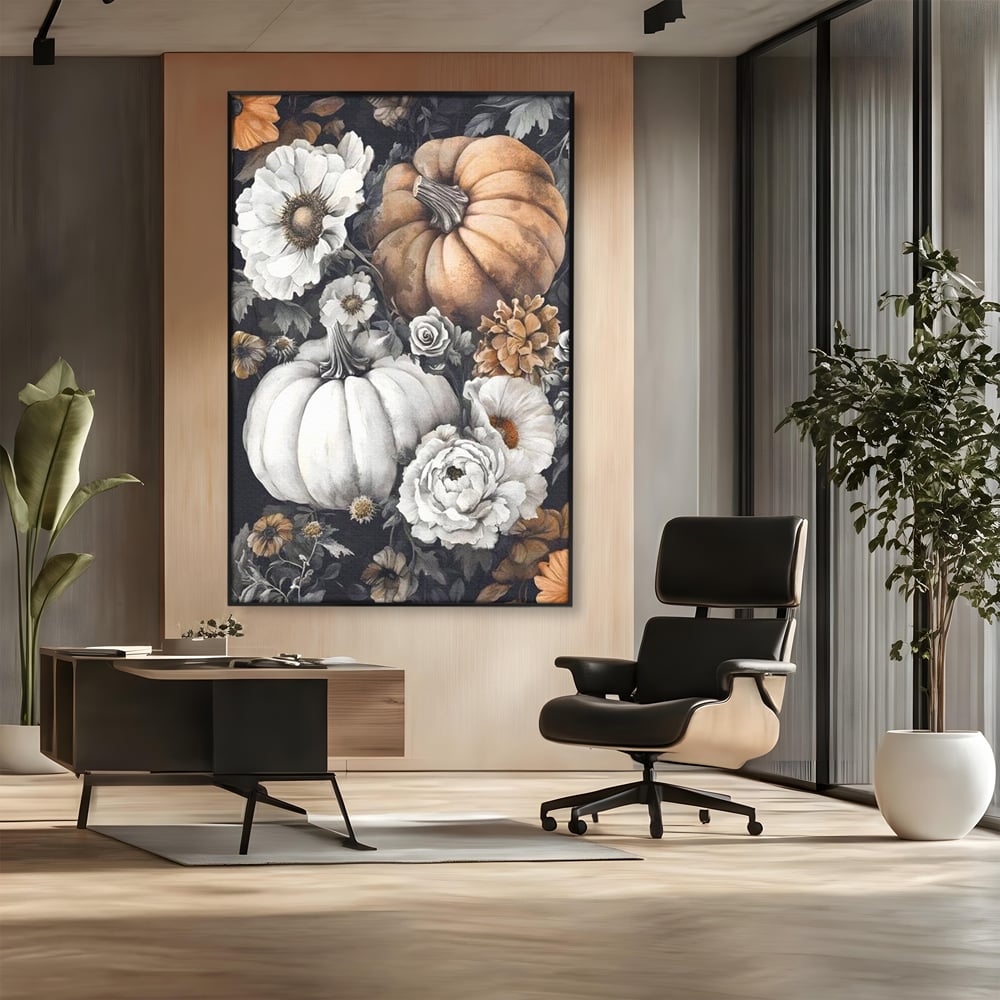 Tablou Canvas Premium, LuxCanva® N1186, Magia Toamnei, Recolta, Flori, Rustic, Dovleci, Aranjament, Sarbatoare, Halloween, Pub, Bar, Lounge, Restaurant, Bucatarie