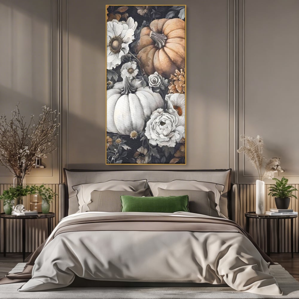 Tablou Canvas Premium, LuxCanva® N1186, Magia Toamnei, Recolta, Flori, Rustic, Dovleci, Aranjament, Sarbatoare, Halloween, Pub, Bar, Lounge, Restaurant, Bucatarie