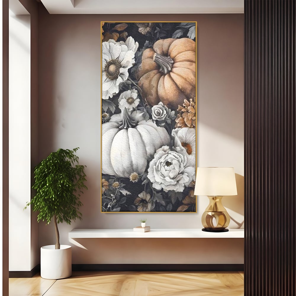 Tablou Canvas Premium, LuxCanva® N1186, Magia Toamnei, Recolta, Flori, Rustic, Dovleci, Aranjament, Sarbatoare, Halloween, Pub, Bar, Lounge, Restaurant, Bucatarie