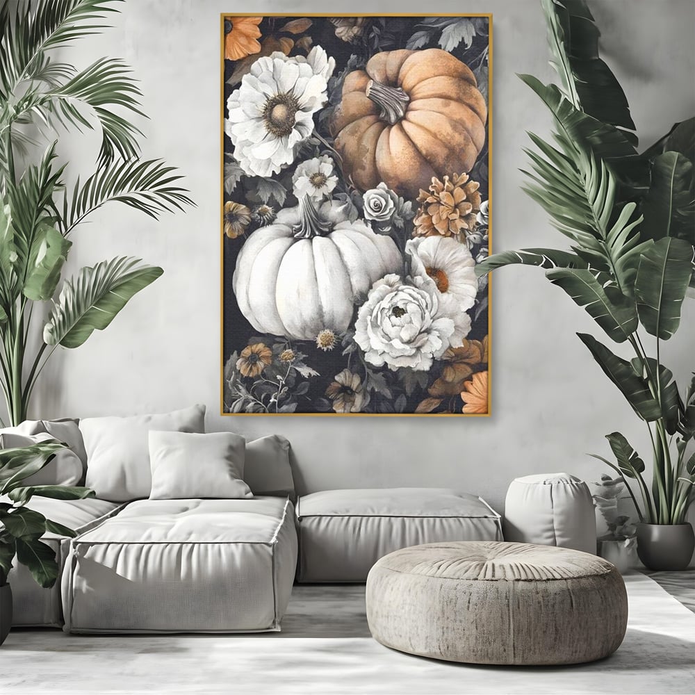 Tablou Canvas Premium, LuxCanva® N1186, Magia Toamnei, Recolta, Flori, Rustic, Dovleci, Aranjament, Sarbatoare, Halloween, Pub, Bar, Lounge, Restaurant, Bucatarie