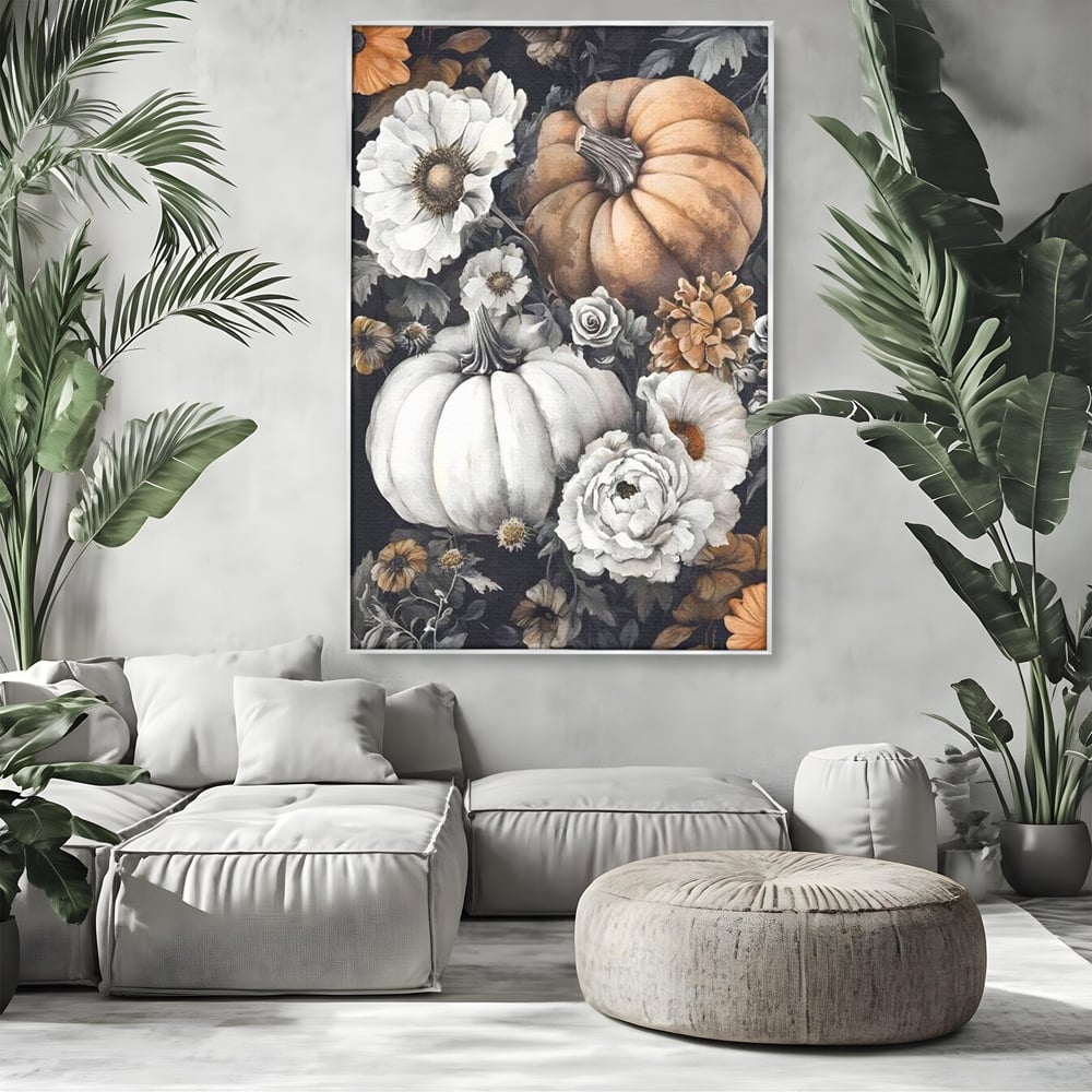 Tablou Canvas Premium, LuxCanva® N1186, Magia Toamnei, Recolta, Flori, Rustic, Dovleci, Aranjament, Sarbatoare, Halloween, Pub, Bar, Lounge, Restaurant, Bucatarie