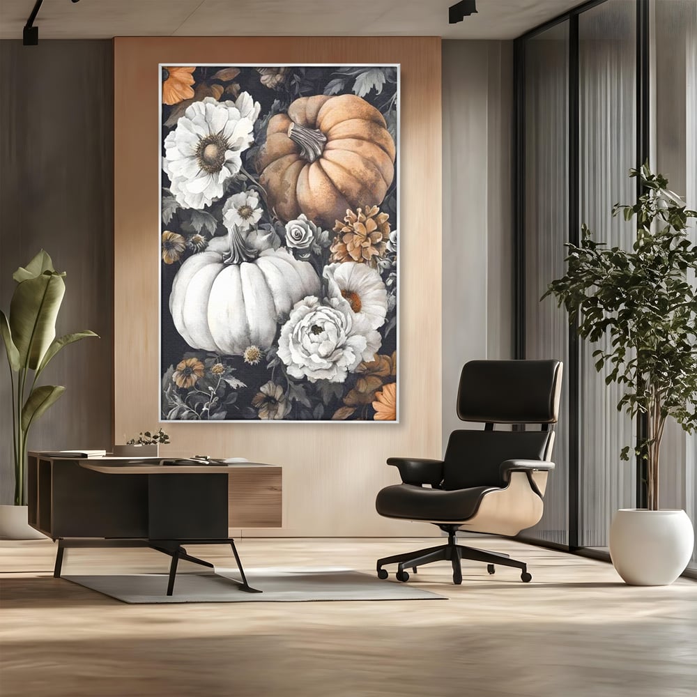 Tablou Canvas Premium, LuxCanva® N1186, Magia Toamnei, Recolta, Flori, Rustic, Dovleci, Aranjament, Sarbatoare, Halloween, Pub, Bar, Lounge, Restaurant, Bucatarie