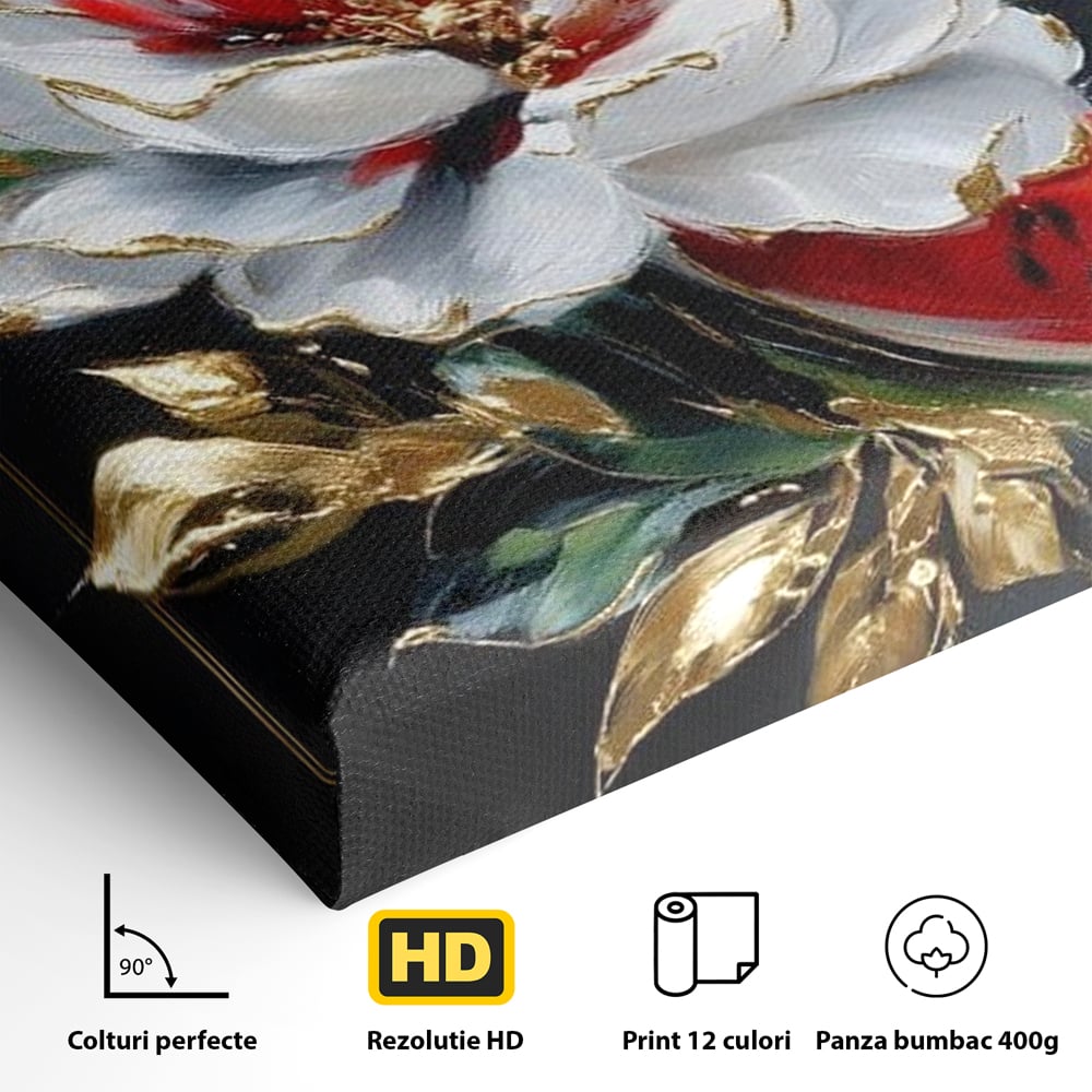Tablou Canvas Premium, LuxCanva® N1188, Rafinament Exotic, Pepene, Fructe, Flori, Auriu, Eleganta, Lux, Pub, Bar, Lounge, Restaurant, Bucatarie