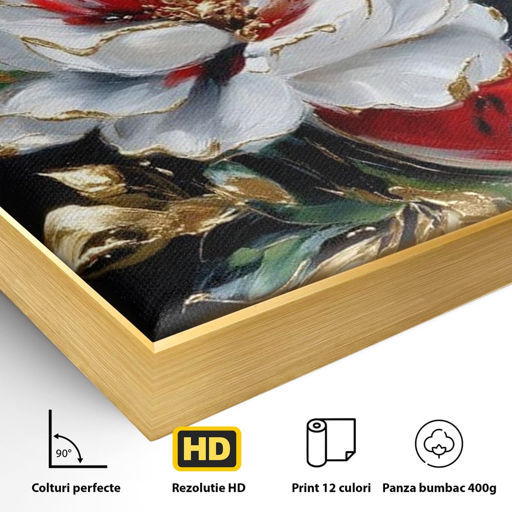 Tablou Canvas Premium, LuxCanva® N1188, Rafinament Exotic, Pepene, Fructe, Flori, Auriu, Eleganta, Lux, Pub, Bar, Lounge, Restaurant, Bucatarie