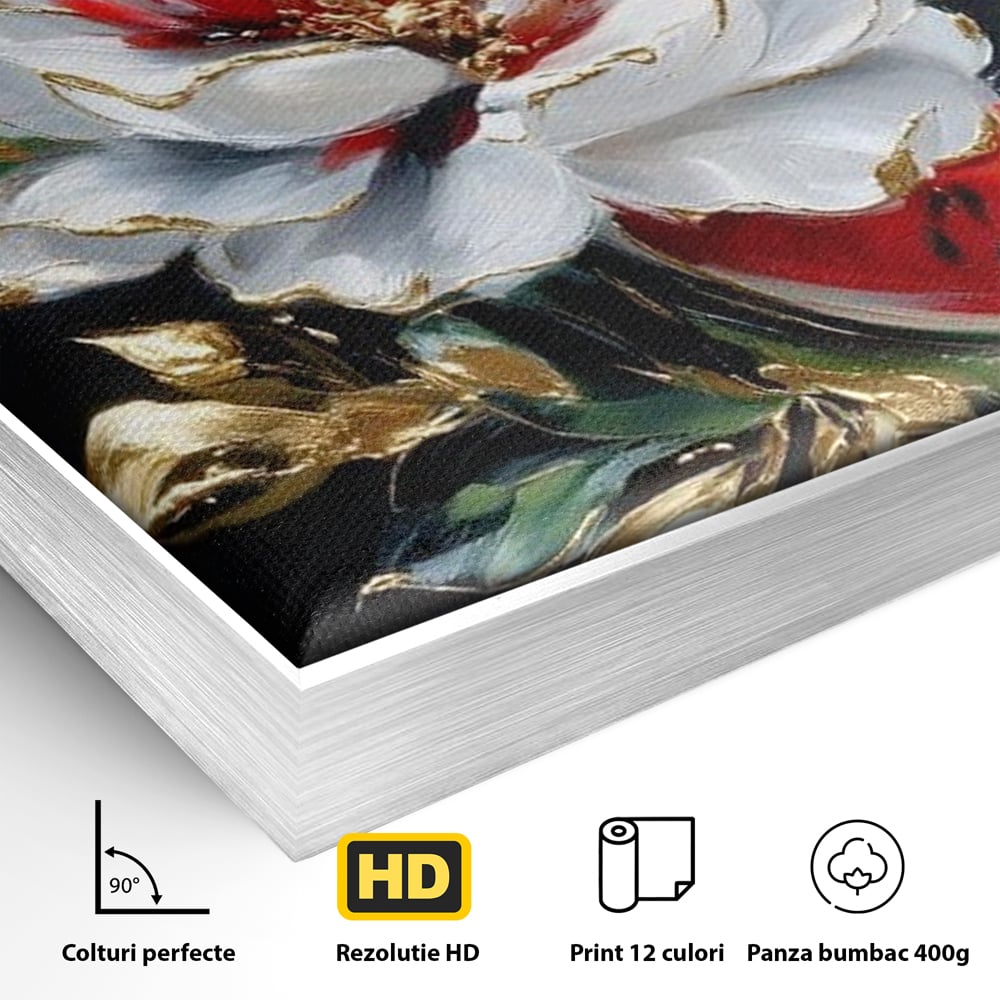 Tablou Canvas Premium, LuxCanva® N1188, Rafinament Exotic, Pepene, Fructe, Flori, Auriu, Eleganta, Lux, Pub, Bar, Lounge, Restaurant, Bucatarie