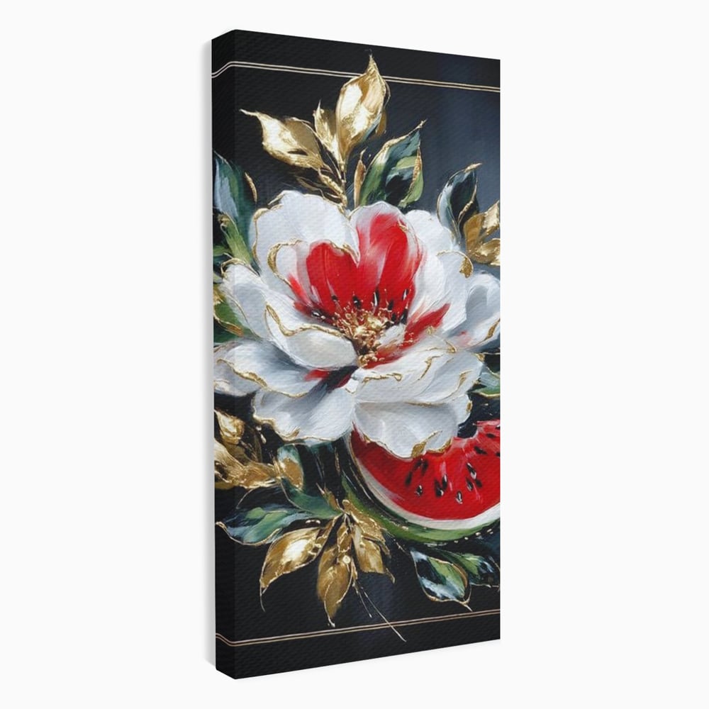 Tablou Canvas Premium, LuxCanva® N1188, Rafinament Exotic, Pepene, Fructe, Flori, Auriu, Eleganta, Lux, Pub, Bar, Lounge, Restaurant, Bucatarie