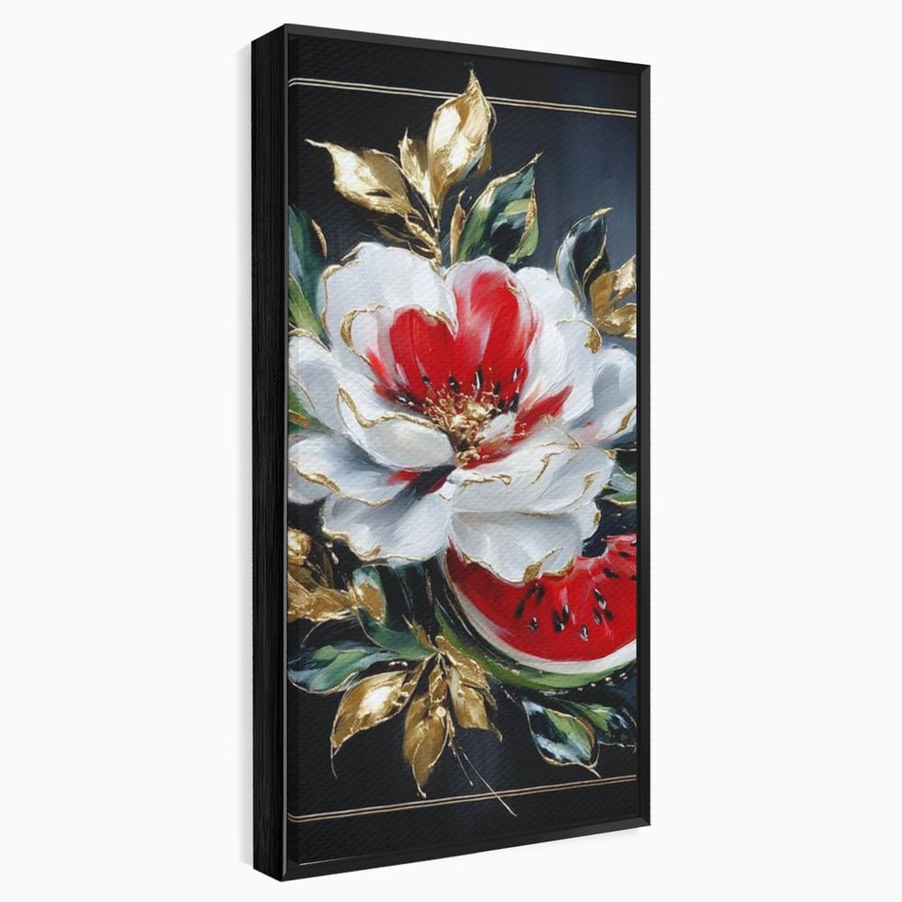 Tablou Canvas Premium, LuxCanva® N1188, Rafinament Exotic, Pepene, Fructe, Flori, Auriu, Eleganta, Lux, Pub, Bar, Lounge, Restaurant, Bucatarie