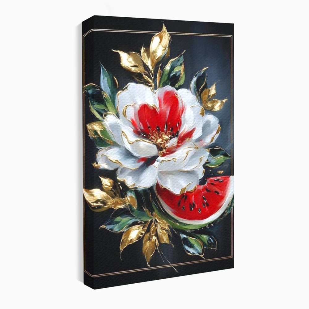 Tablou Canvas Premium, LuxCanva® N1188, Rafinament Exotic, Pepene, Fructe, Flori, Auriu, Eleganta, Lux, Pub, Bar, Lounge, Restaurant, Bucatarie