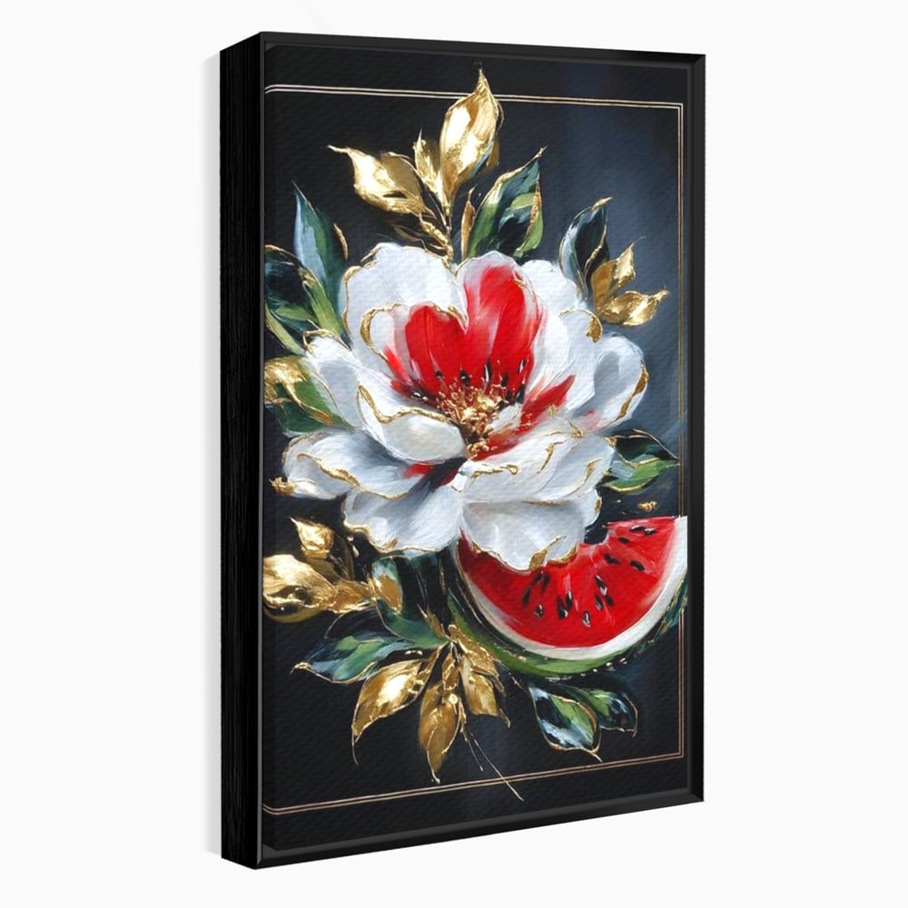 Tablou Canvas Premium, LuxCanva® N1188, Rafinament Exotic, Pepene, Fructe, Flori, Auriu, Eleganta, Lux, Pub, Bar, Lounge, Restaurant, Bucatarie
