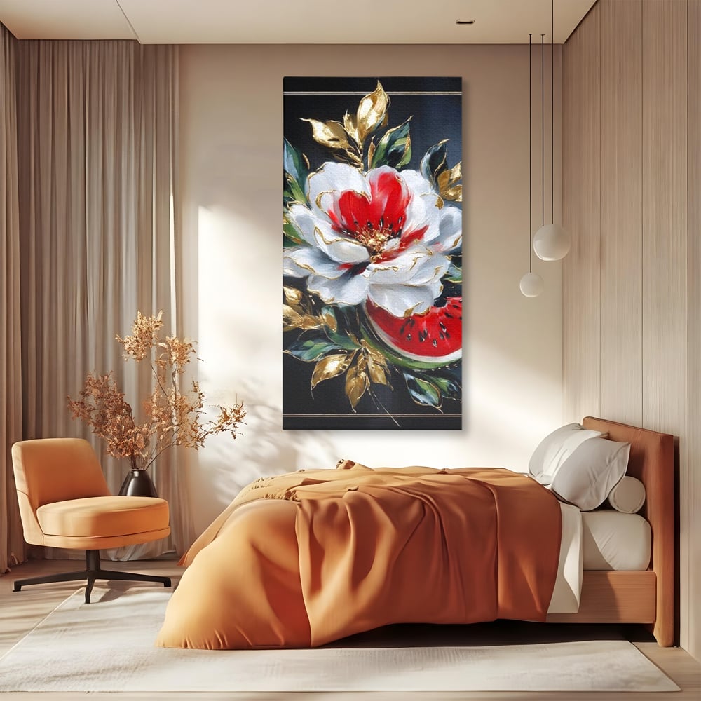 Tablou Canvas Premium, LuxCanva® N1188, Rafinament Exotic, Pepene, Fructe, Flori, Auriu, Eleganta, Lux, Pub, Bar, Lounge, Restaurant, Bucatarie