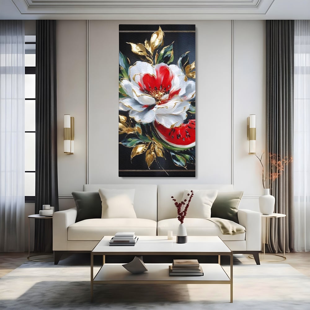 Tablou Canvas Premium, LuxCanva® N1188, Rafinament Exotic, Pepene, Fructe, Flori, Auriu, Eleganta, Lux, Pub, Bar, Lounge, Restaurant, Bucatarie