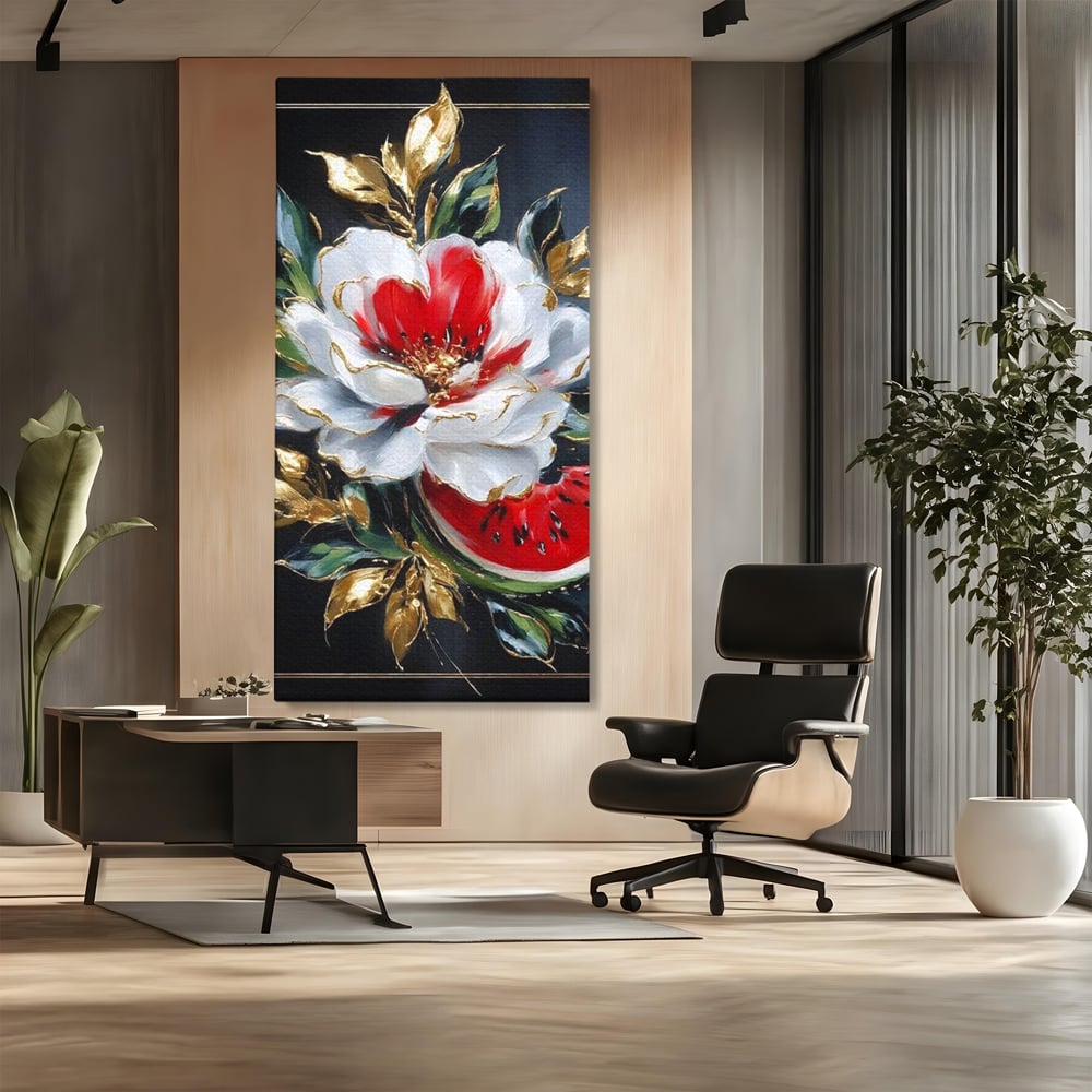 Tablou Canvas Premium, LuxCanva® N1188, Rafinament Exotic, Pepene, Fructe, Flori, Auriu, Eleganta, Lux, Pub, Bar, Lounge, Restaurant, Bucatarie