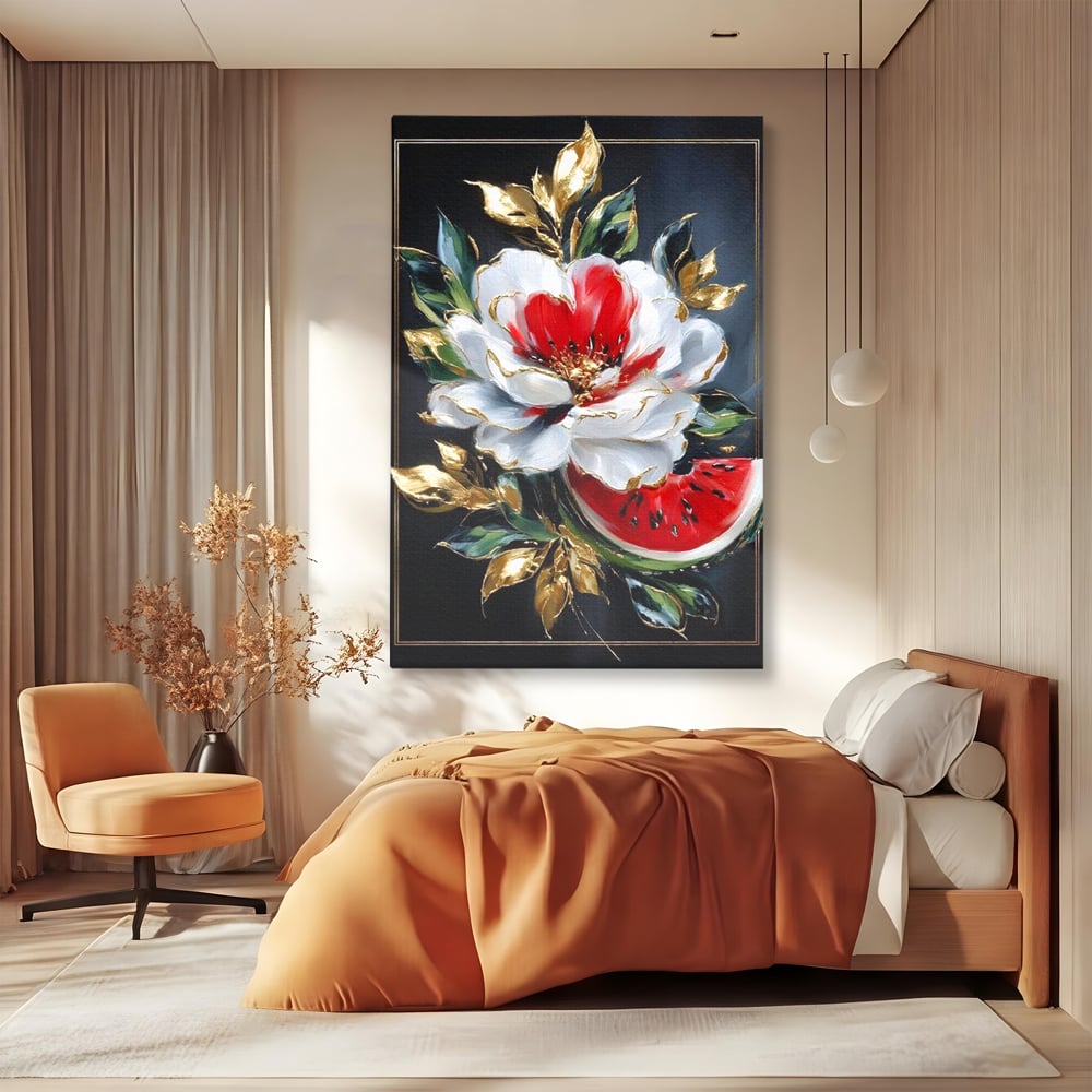 Tablou Canvas Premium, LuxCanva® N1188, Rafinament Exotic, Pepene, Fructe, Flori, Auriu, Eleganta, Lux, Pub, Bar, Lounge, Restaurant, Bucatarie