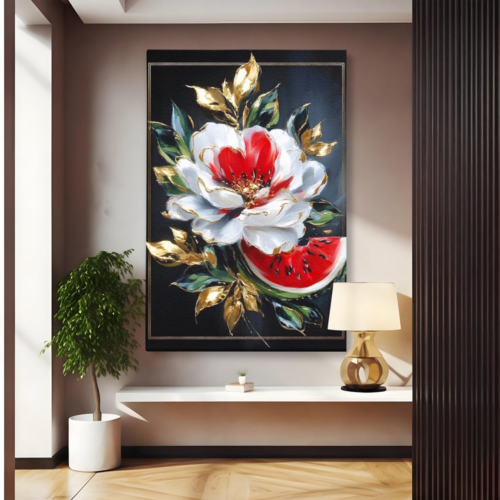 Tablou Canvas Premium, LuxCanva® N1188, Rafinament Exotic, Pepene, Fructe, Flori, Auriu, Eleganta, Lux, Pub, Bar, Lounge, Restaurant, Bucatarie