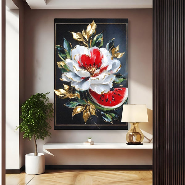 Tablou Canvas Premium, LuxCanva® N1188, Rafinament Exotic, Pepene, Fructe, Flori, Auriu, Eleganta, Lux, Pub, Bar, Lounge, Restaurant, Bucatarie