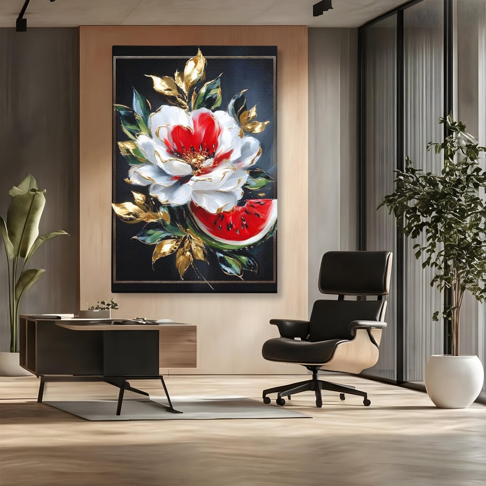 Tablou Canvas Premium, LuxCanva® N1188, Rafinament Exotic, Pepene, Fructe, Flori, Auriu, Eleganta, Lux, Pub, Bar, Lounge, Restaurant, Bucatarie