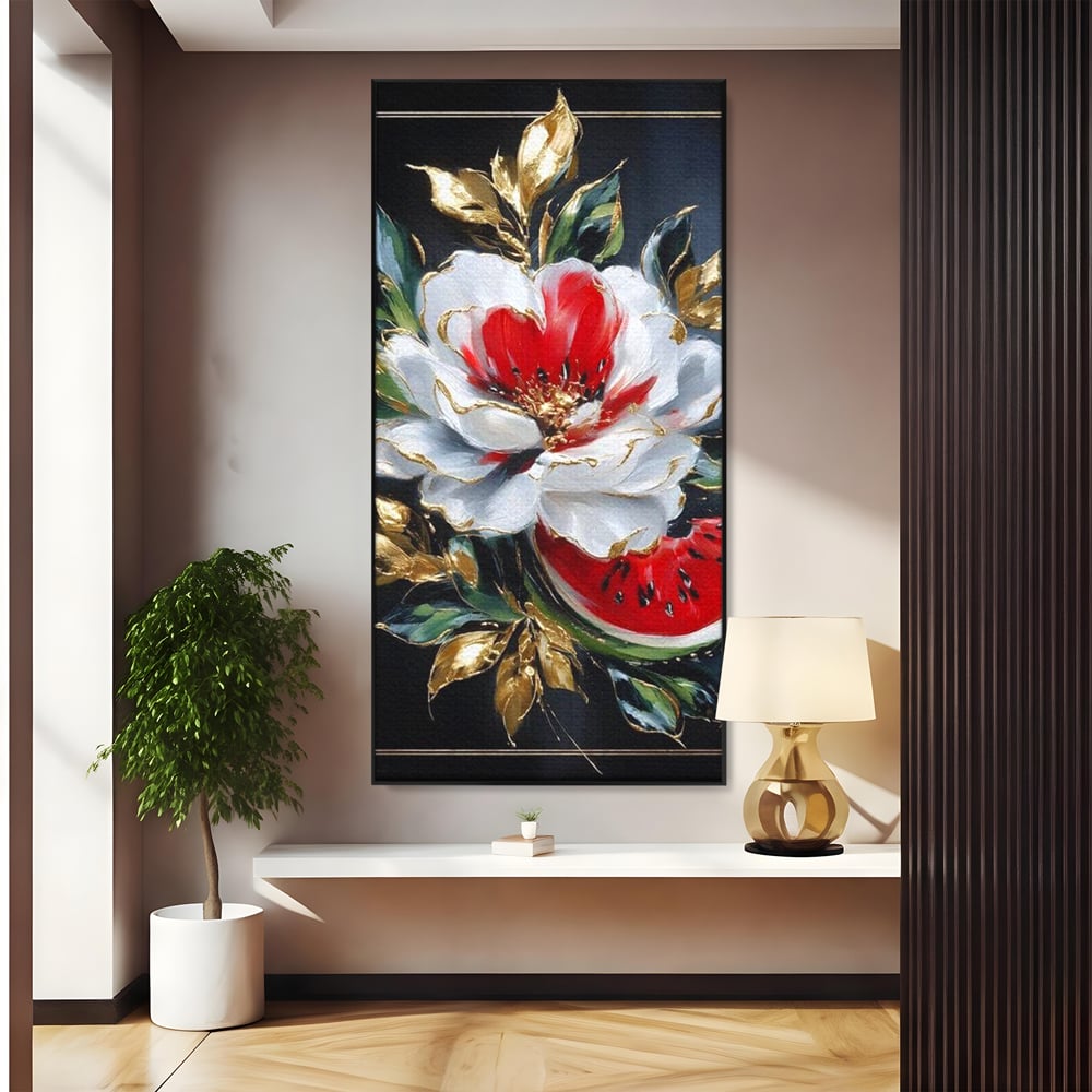 Tablou Canvas Premium, LuxCanva® N1188, Rafinament Exotic, Pepene, Fructe, Flori, Auriu, Eleganta, Lux, Pub, Bar, Lounge, Restaurant, Bucatarie