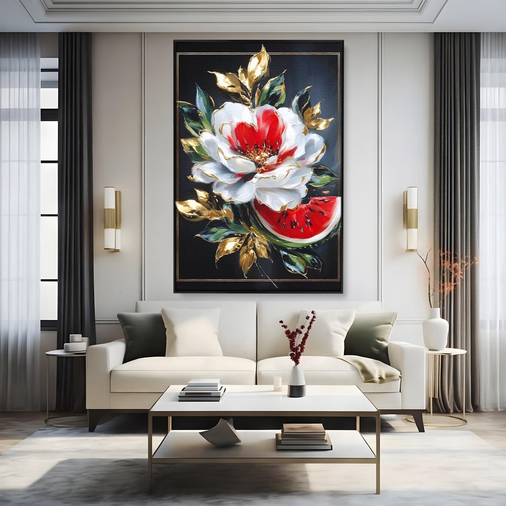 Tablou Canvas Premium, LuxCanva® N1188, Rafinament Exotic, Pepene, Fructe, Flori, Auriu, Eleganta, Lux, Pub, Bar, Lounge, Restaurant, Bucatarie