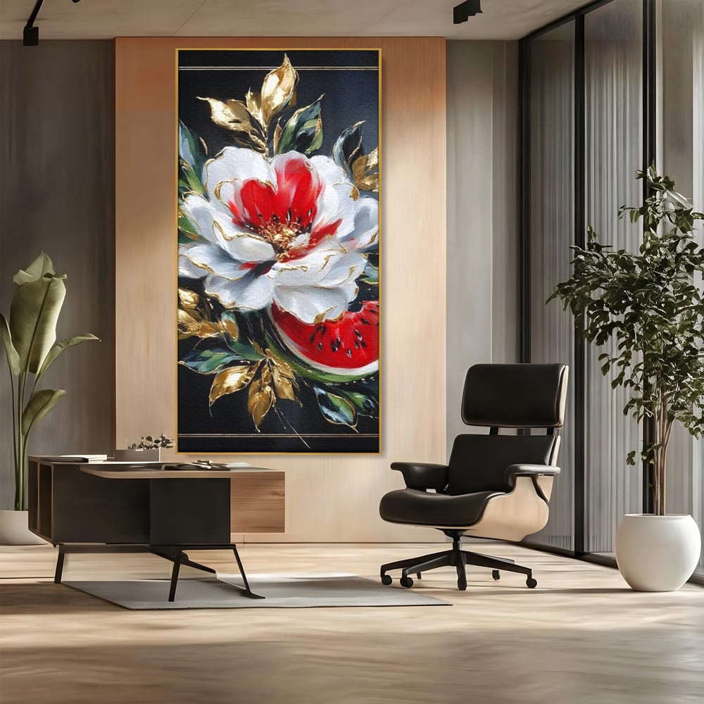Tablou Canvas Premium, LuxCanva® N1188, Rafinament Exotic, Pepene, Fructe, Flori, Auriu, Eleganta, Lux, Pub, Bar, Lounge, Restaurant, Bucatarie