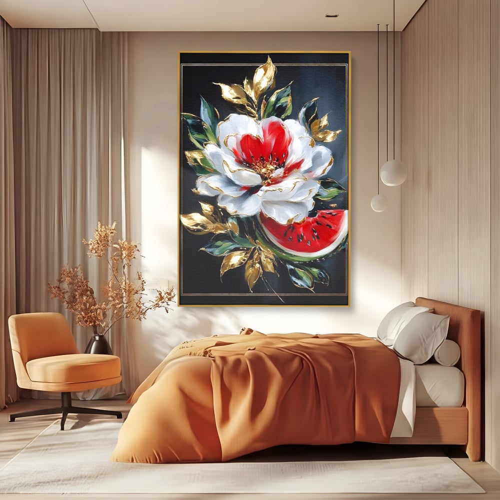 Tablou Canvas Premium, LuxCanva® N1188, Rafinament Exotic, Pepene, Fructe, Flori, Auriu, Eleganta, Lux, Pub, Bar, Lounge, Restaurant, Bucatarie