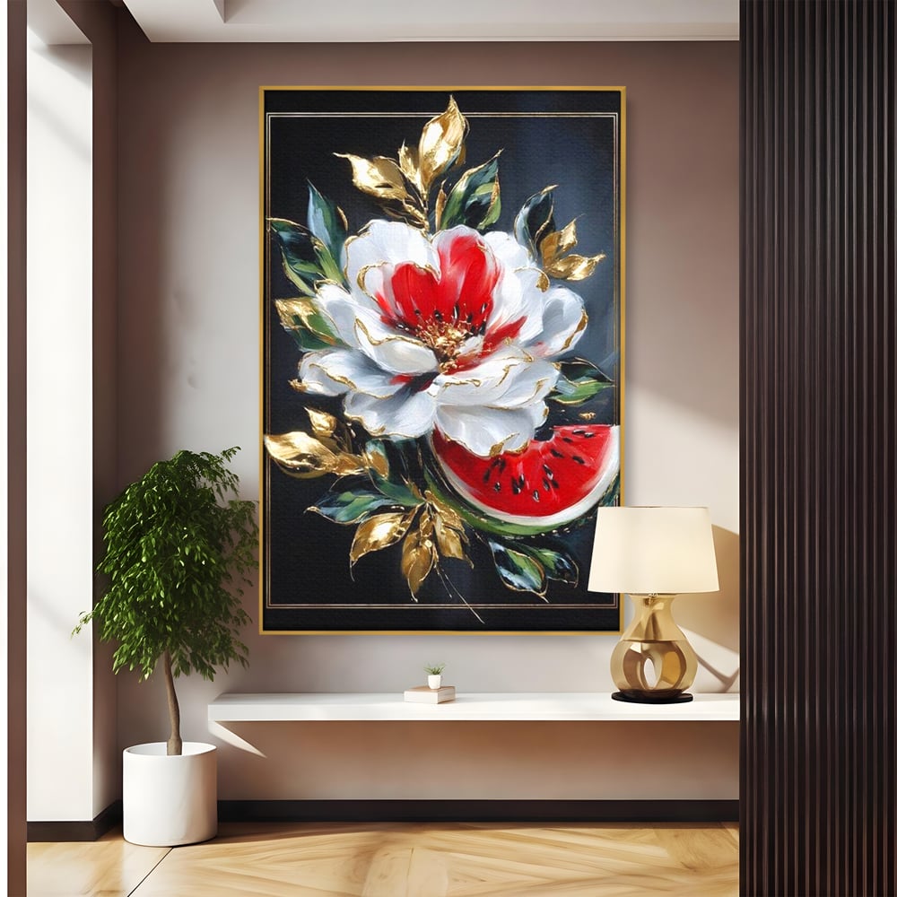 Tablou Canvas Premium, LuxCanva® N1188, Rafinament Exotic, Pepene, Fructe, Flori, Auriu, Eleganta, Lux, Pub, Bar, Lounge, Restaurant, Bucatarie