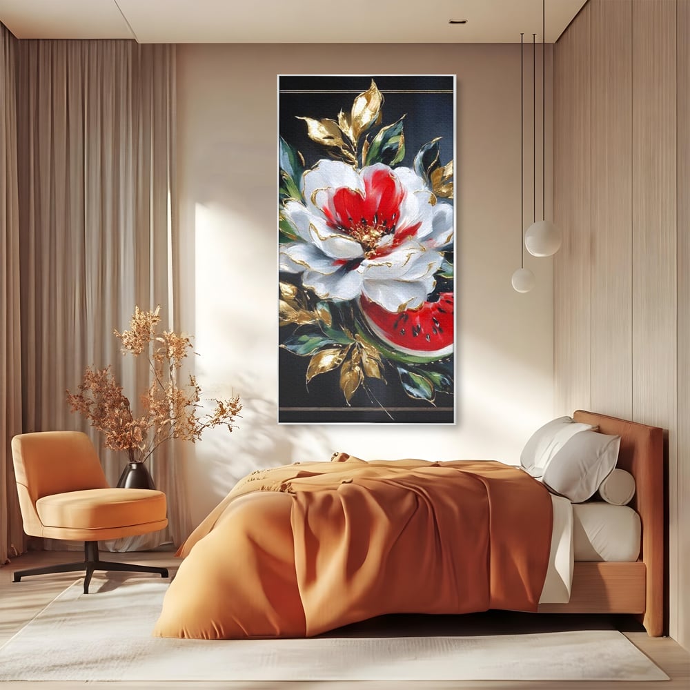 Tablou Canvas Premium, LuxCanva® N1188, Rafinament Exotic, Pepene, Fructe, Flori, Auriu, Eleganta, Lux, Pub, Bar, Lounge, Restaurant, Bucatarie