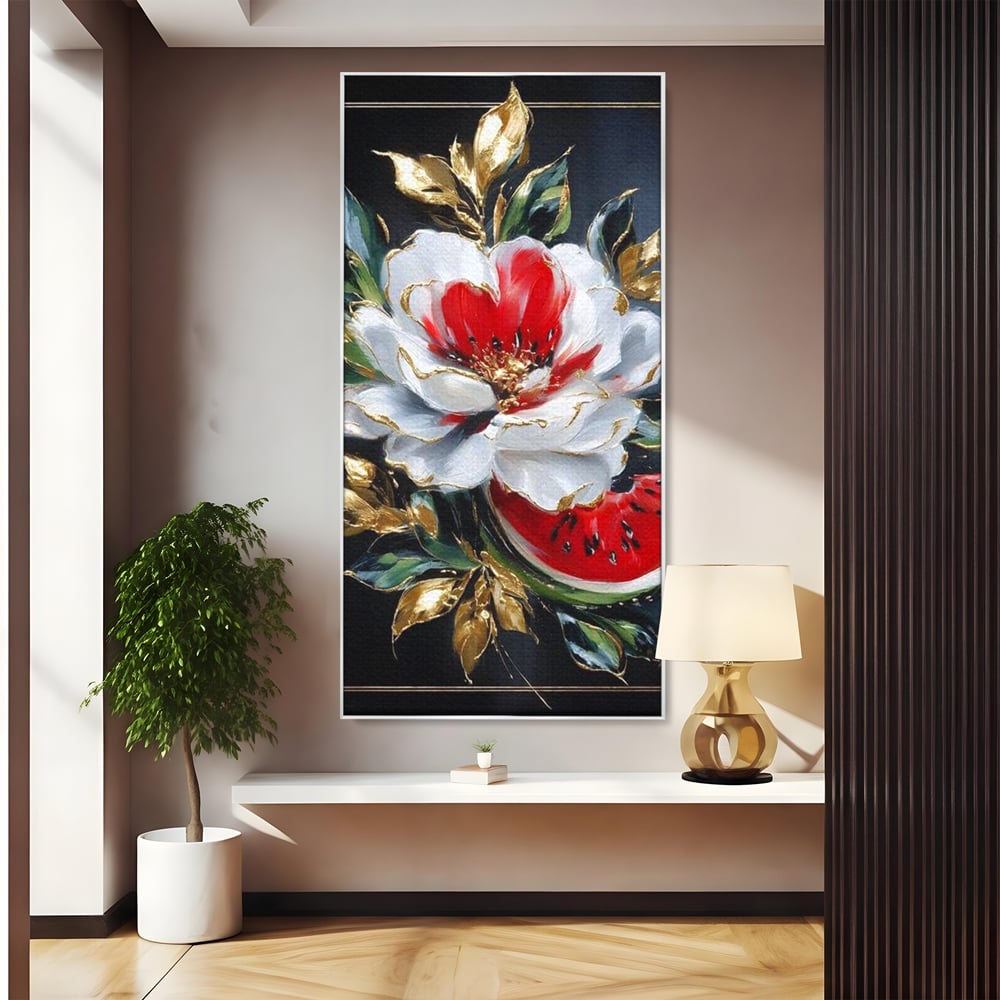 Tablou Canvas Premium, LuxCanva® N1188, Rafinament Exotic, Pepene, Fructe, Flori, Auriu, Eleganta, Lux, Pub, Bar, Lounge, Restaurant, Bucatarie