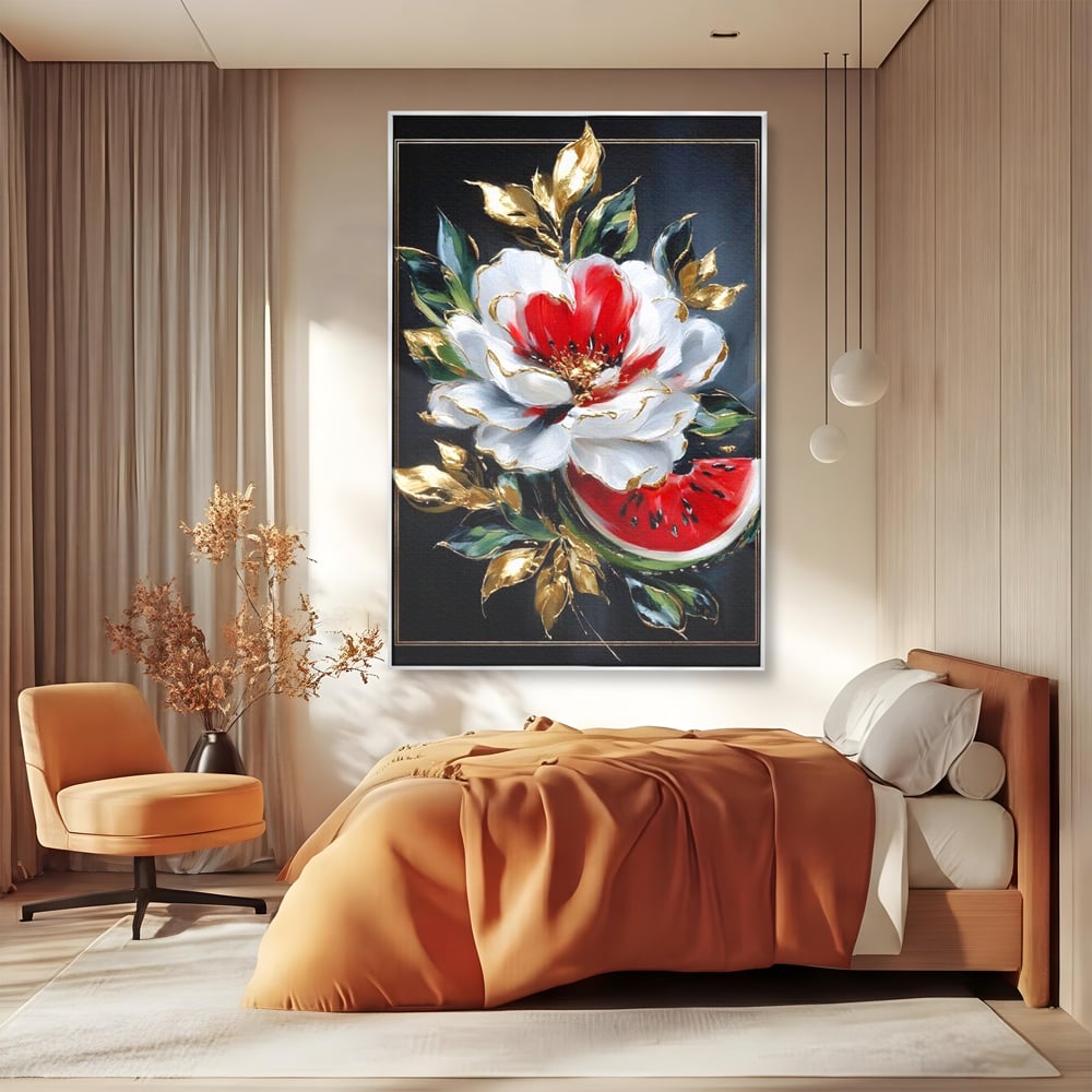 Tablou Canvas Premium, LuxCanva® N1188, Rafinament Exotic, Pepene, Fructe, Flori, Auriu, Eleganta, Lux, Pub, Bar, Lounge, Restaurant, Bucatarie