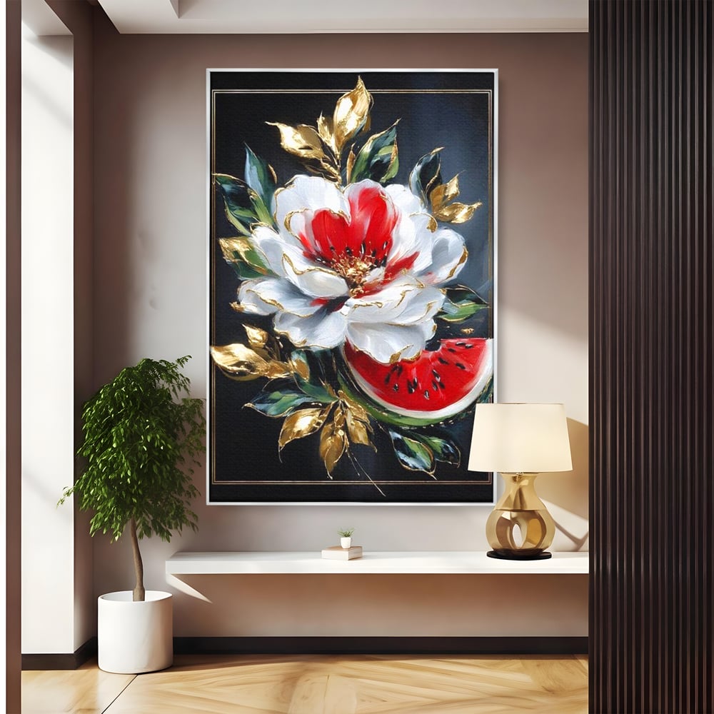 Tablou Canvas Premium, LuxCanva® N1188, Rafinament Exotic, Pepene, Fructe, Flori, Auriu, Eleganta, Lux, Pub, Bar, Lounge, Restaurant, Bucatarie
