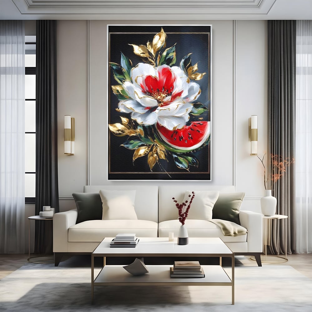 Tablou Canvas Premium, LuxCanva® N1188, Rafinament Exotic, Pepene, Fructe, Flori, Auriu, Eleganta, Lux, Pub, Bar, Lounge, Restaurant, Bucatarie