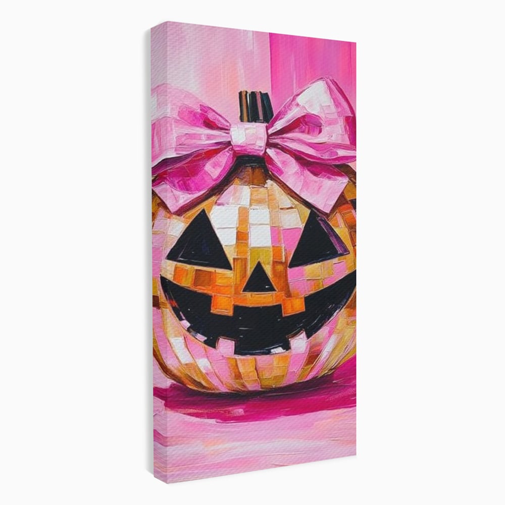 Leinwandbilder Premium, LuxCanva® N1189, Halloween Glam, Kürbis, Rosa, Schleife, Glitzern, Gruselig, Traditionell, Disco, Pub, Kneipe, Bar, Lounge, Restaurant, Küche