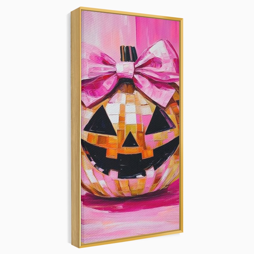 Leinwandbilder Premium, LuxCanva® N1189, Halloween Glam, Kürbis, Rosa, Schleife, Glitzern, Gruselig, Traditionell, Disco, Pub, Kneipe, Bar, Lounge, Restaurant, Küche