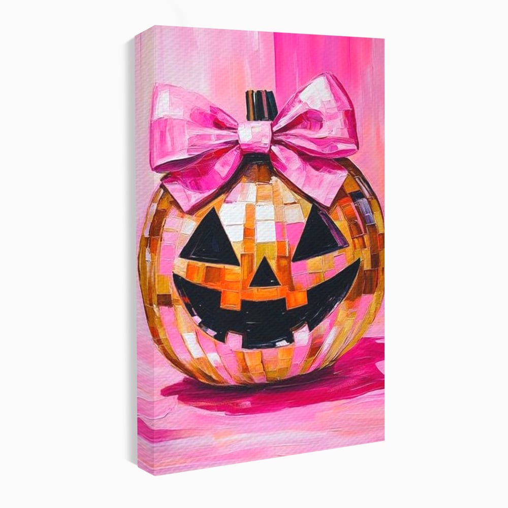 Leinwandbilder Premium, LuxCanva® N1189, Halloween Glam, Kürbis, Rosa, Schleife, Glitzern, Gruselig, Traditionell, Disco, Pub, Kneipe, Bar, Lounge, Restaurant, Küche