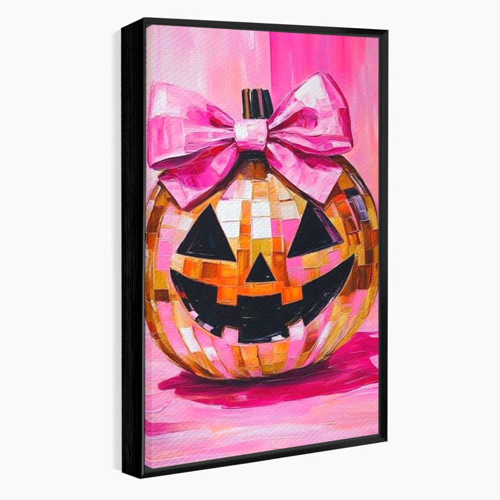 Leinwandbilder Premium, LuxCanva® N1189, Halloween Glam, Kürbis, Rosa, Schleife, Glitzern, Gruselig, Traditionell, Disco, Pub, Kneipe, Bar, Lounge, Restaurant, Küche