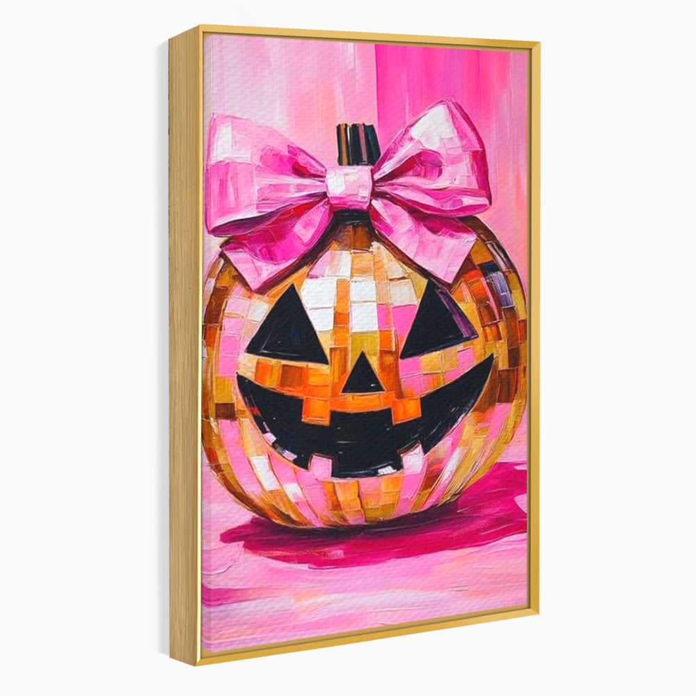 Leinwandbilder Premium, LuxCanva® N1189, Halloween Glam, Kürbis, Rosa, Schleife, Glitzern, Gruselig, Traditionell, Disco, Pub, Kneipe, Bar, Lounge, Restaurant, Küche
