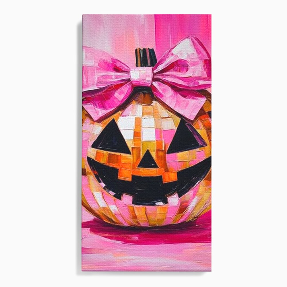 Leinwandbilder Premium, LuxCanva® N1189, Halloween Glam, Kürbis, Rosa, Schleife, Glitzern, Gruselig, Traditionell, Disco, Pub, Kneipe, Bar, Lounge, Restaurant, Küche