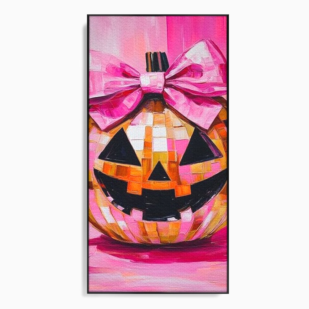Leinwandbilder Premium, LuxCanva® N1189, Halloween Glam, Kürbis, Rosa, Schleife, Glitzern, Gruselig, Traditionell, Disco, Pub, Kneipe, Bar, Lounge, Restaurant, Küche
