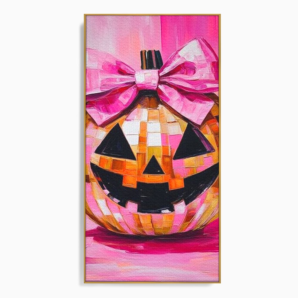 Leinwandbilder Premium, LuxCanva® N1189, Halloween Glam, Kürbis, Rosa, Schleife, Glitzern, Gruselig, Traditionell, Disco, Pub, Kneipe, Bar, Lounge, Restaurant, Küche