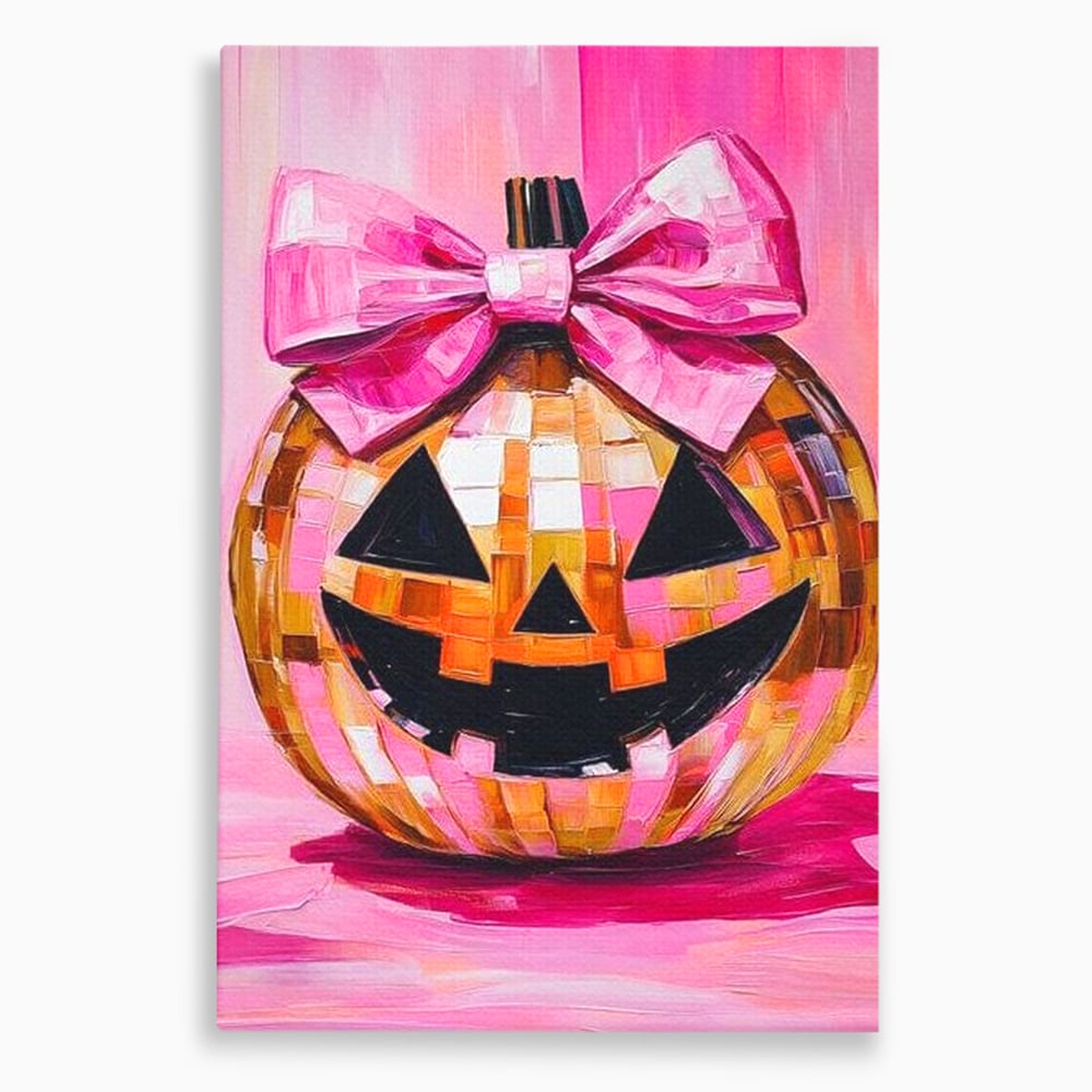 Leinwandbilder Premium, LuxCanva® N1189, Halloween Glam, Kürbis, Rosa, Schleife, Glitzern, Gruselig, Traditionell, Disco, Pub, Kneipe, Bar, Lounge, Restaurant, Küche