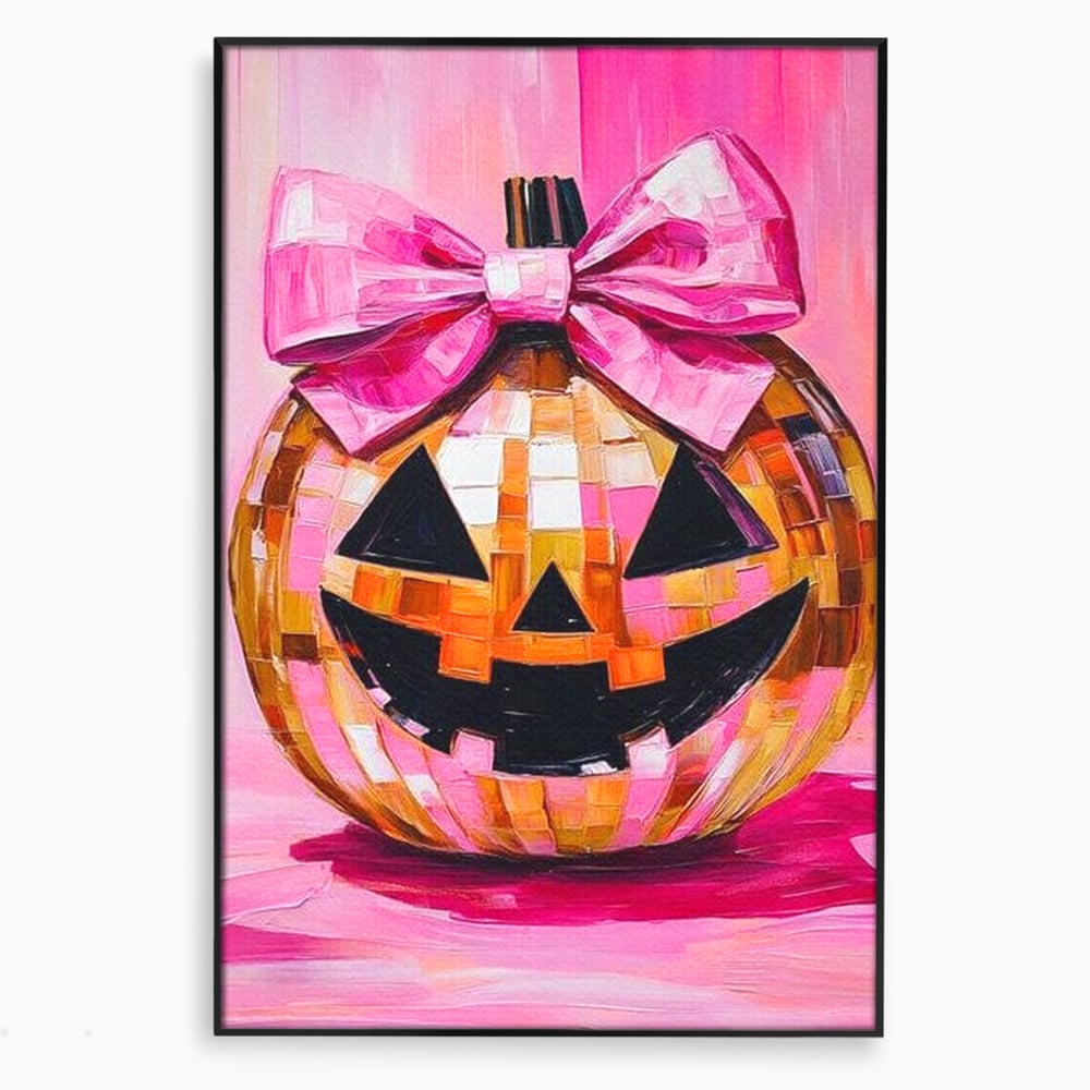 Leinwandbilder Premium, LuxCanva® N1189, Halloween Glam, Kürbis, Rosa, Schleife, Glitzern, Gruselig, Traditionell, Disco, Pub, Kneipe, Bar, Lounge, Restaurant, Küche