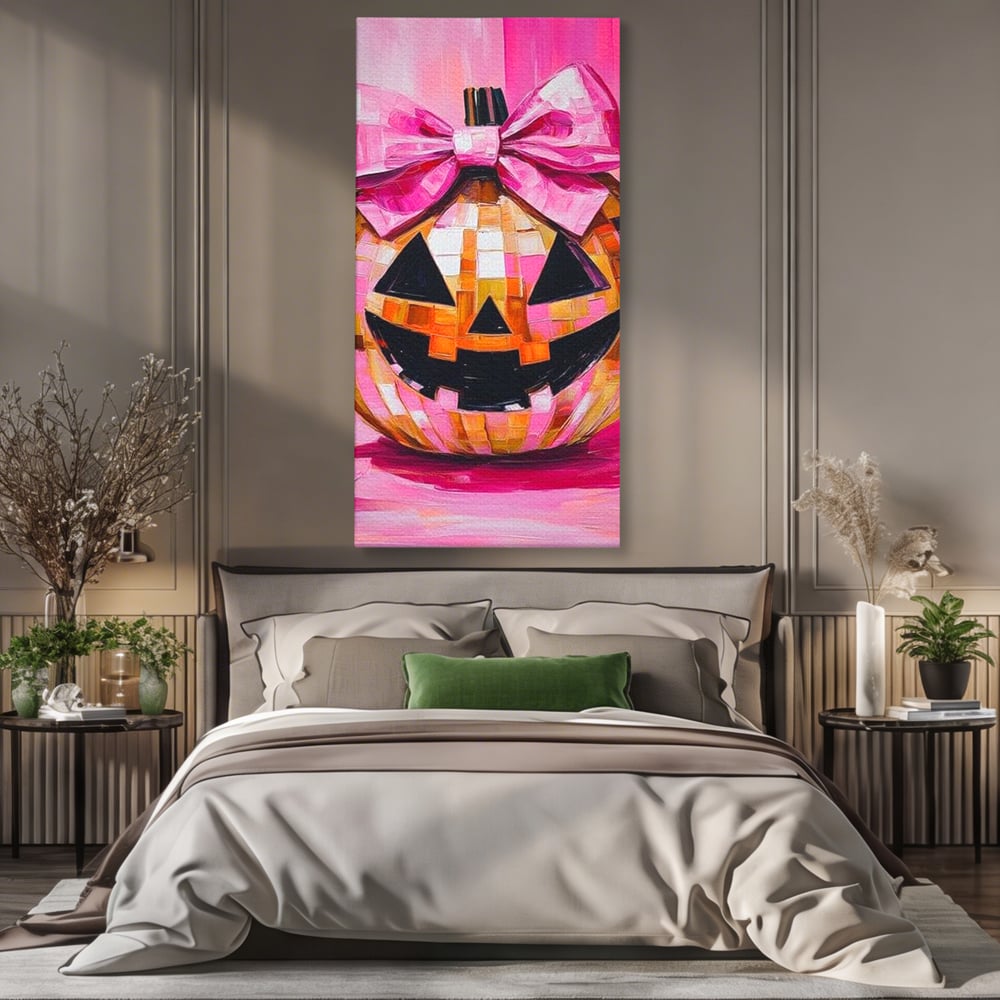 Leinwandbilder Premium, LuxCanva® N1189, Halloween Glam, Kürbis, Rosa, Schleife, Glitzern, Gruselig, Traditionell, Disco, Pub, Kneipe, Bar, Lounge, Restaurant, Küche