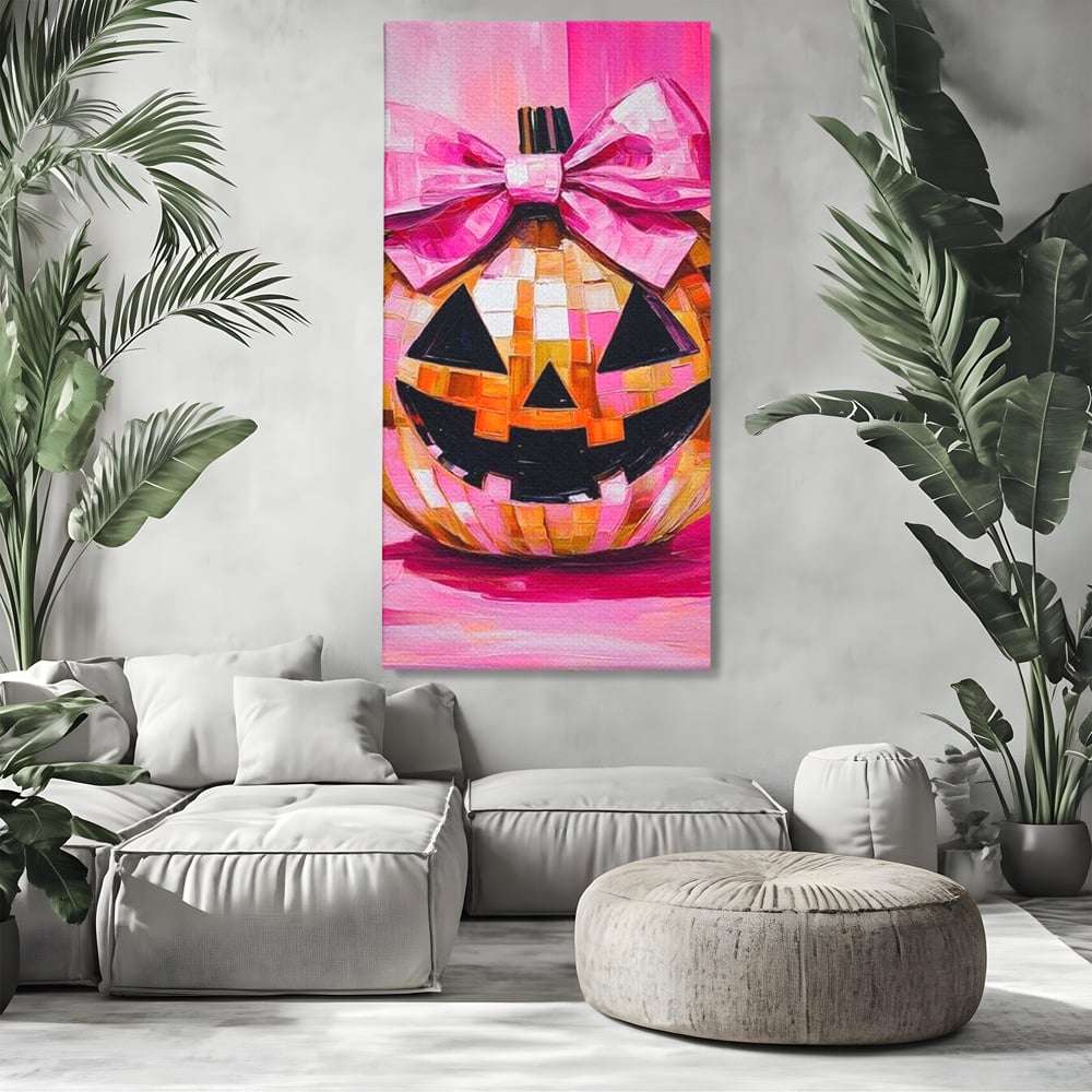 Leinwandbilder Premium, LuxCanva® N1189, Halloween Glam, Kürbis, Rosa, Schleife, Glitzern, Gruselig, Traditionell, Disco, Pub, Kneipe, Bar, Lounge, Restaurant, Küche