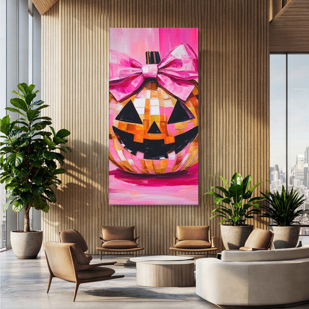 Leinwandbilder Premium, LuxCanva® N1189, Halloween Glam, Kürbis, Rosa, Schleife, Glitzern, Gruselig, Traditionell, Disco, Pub, Kneipe, Bar, Lounge, Restaurant, Küche