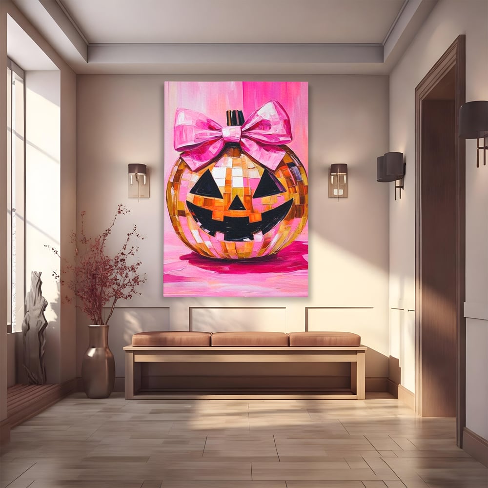 Leinwandbilder Premium, LuxCanva® N1189, Halloween Glam, Kürbis, Rosa, Schleife, Glitzern, Gruselig, Traditionell, Disco, Pub, Kneipe, Bar, Lounge, Restaurant, Küche