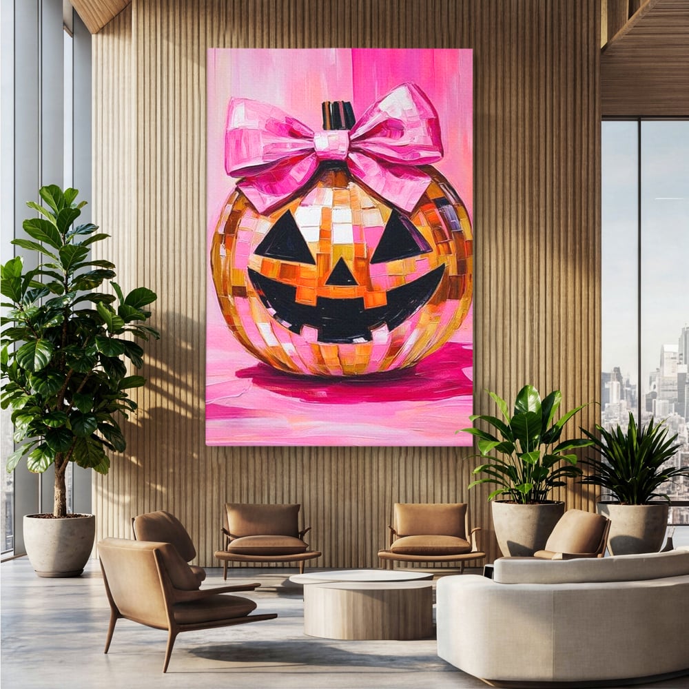 Leinwandbilder Premium, LuxCanva® N1189, Halloween Glam, Kürbis, Rosa, Schleife, Glitzern, Gruselig, Traditionell, Disco, Pub, Kneipe, Bar, Lounge, Restaurant, Küche