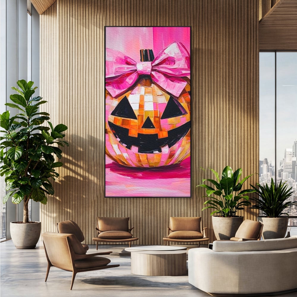 Leinwandbilder Premium, LuxCanva® N1189, Halloween Glam, Kürbis, Rosa, Schleife, Glitzern, Gruselig, Traditionell, Disco, Pub, Kneipe, Bar, Lounge, Restaurant, Küche