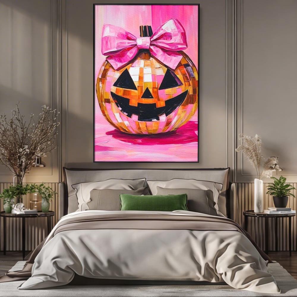 Leinwandbilder Premium, LuxCanva® N1189, Halloween Glam, Kürbis, Rosa, Schleife, Glitzern, Gruselig, Traditionell, Disco, Pub, Kneipe, Bar, Lounge, Restaurant, Küche